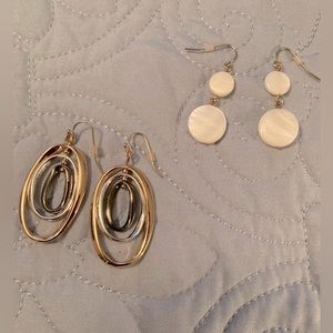 Avon- earrings. 2 pair-Three tone hoops & white iridescent double circle drop.